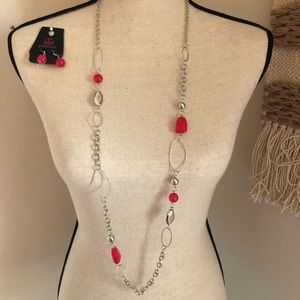 Long silver necklace with pink accents & earrings